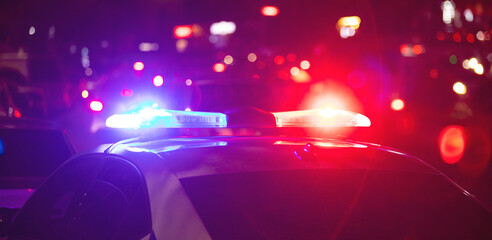 Red and blue light flasher. Police car at night time in the city © andranik123