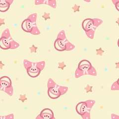 Seamless children's pattern on a yellow background. A dummy with a rabbit. Pacifier for children