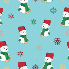 Snowman seamless pattern. Christmas pattern. Snowman with scarf and santa claus hat. Snowflakes and snow. Prints, packaging template, wrapping paper, textiles and wallpaper.
