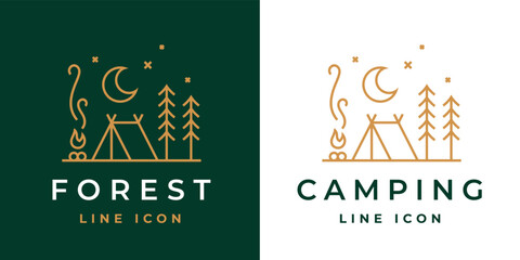 Camping line icon. Tent logo. Forest campsite emblem. Night campfire symbol. Outdoor adventure sign. Vector illustration.