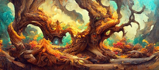 Abstract fantasy woods, ancient oak trees bent and twisted by fiery magical energy, cloudy ethereal swirls and dreamy fantasia world filled with wonder and mythical mystery.