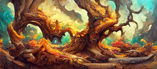 Fototapeta premium Abstract fantasy woods, ancient oak trees bent and twisted by fiery magical energy, cloudy ethereal swirls and dreamy fantasia world filled with wonder and mythical mystery.
