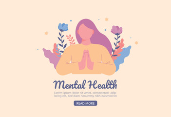 Mental Health Web Page. A woman is praying with her hands together. Behind her are decorated flowers and plants. flat vector illustration.