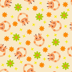Obraz premium Seamless pattern with animals on a yellow background. A pattern with a baby rattle in the form of a cow. Kawaii animals
