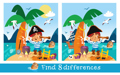 Obraz na płótnie Canvas Educational game, puzzle for children. Find 8 differences. Cute pirate on desert island. Ocean, palm tree, nature. Vector illustration.