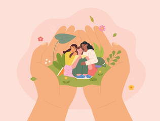 Three friends are sitting on big hands. Two women hugging and comforting a woman. flat vector illustration.