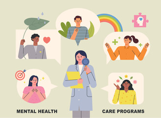 Professional solutions for a positive mentality. A group of smiling people around the experts. flat vector illustration.