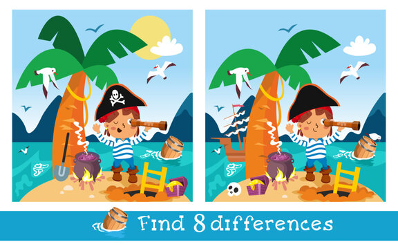 Educational game, puzzle for children. Find 8 differences. Cute pirate on desert island. Ocean, palm tree, nature. Vector illustration.