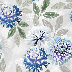 Seamless floral pattern with watercolor effect. Blue, white chrysanthemum flowers on a light gray background. - 539655100