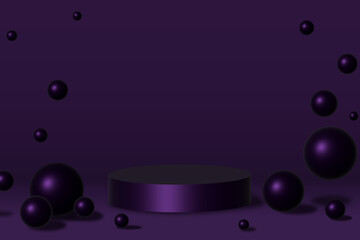 Realistic 3D dark purple, dark lilac, black cylindrical pedestal in an abstract room with bouncing spherical balls. Minimal scene for product mockup for showcase, advertising display. Vector geometric