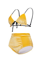 Close-up shot of a yellow two-piece suede-effect swimsuit with coins and with black thin straps. The swimsuit is isolated on a white background. Side view.