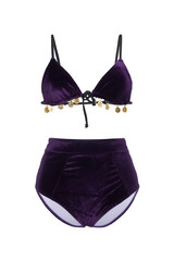 Close-up shot of a violet two-piece suede-effect swimsuit with coins and with black thin straps. The swimsuit is isolated on a white background. Front view.