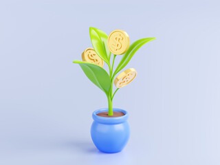 Fototapeta na wymiar 3D illustration of green sprout with golden dollar coins growing in flower pot isolated on blue background. Concept of long-term money investment, successful startup business development, finance