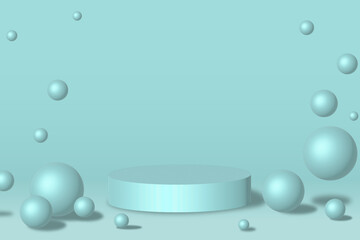 Realistic 3D turquoise cylindrical pedestal in an abstract room with bouncing spherical balls. Minimal scene for product mockup for showcase, advertising display. Vector geometric shapes design