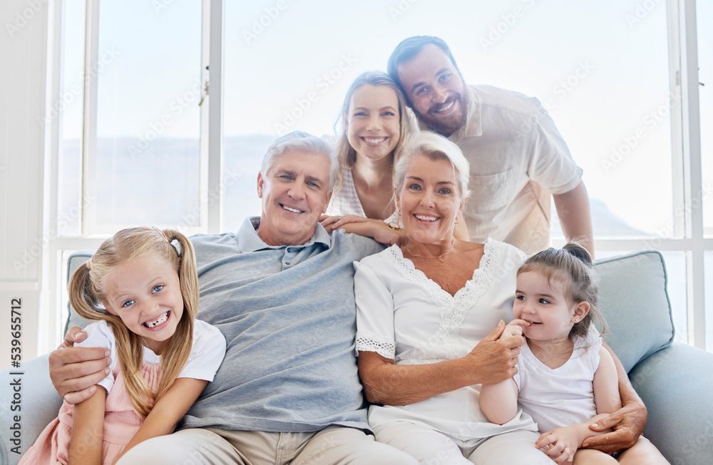 Poster Family, love and children with a girl, parents and grandparents sitting on a living room sofa at home together. Kids, happy or bonding with a senior man, woman and relatives on a couch during a visit