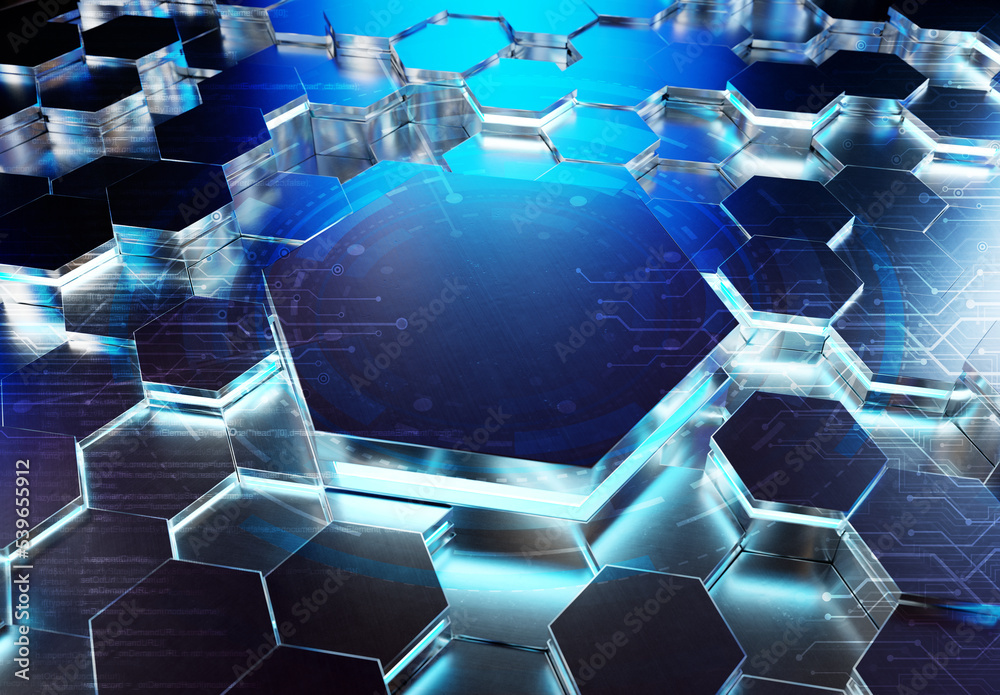 Aufkleber Glowing black and blue hexagons podium background pattern. Hexagonal metal surface with lights and reflections. 3D rendering