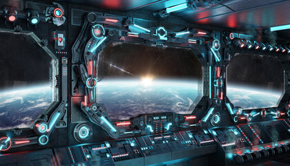 Dark spaceship interior with glowing blue and red lights. Futuristic spacecraft with large window view on planet Earth. 3D rendering © sdecoret