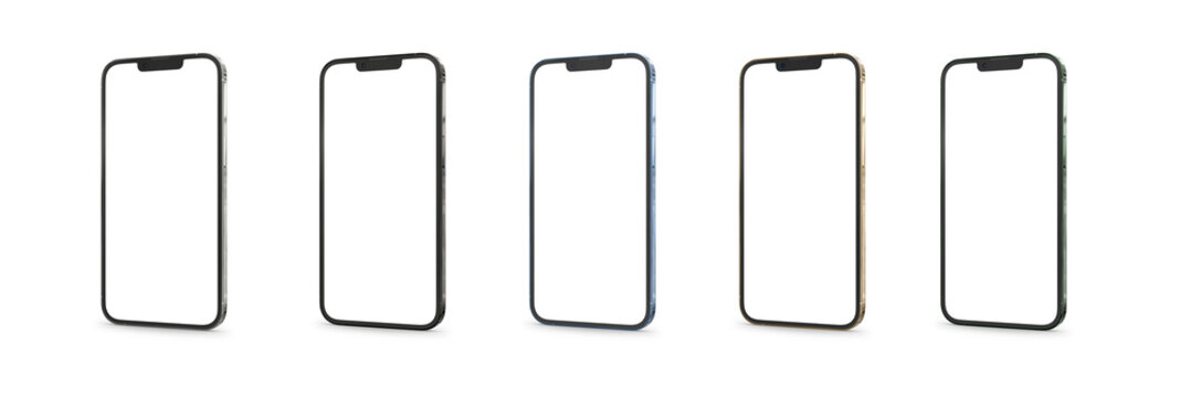PARIS - France - April 28, 2022: Apple smartphone, Iphone 13 pro max, silver, sierra blue, graphite, gold and green alpine color realistic 3d rendering, front screen mobile mockup on white