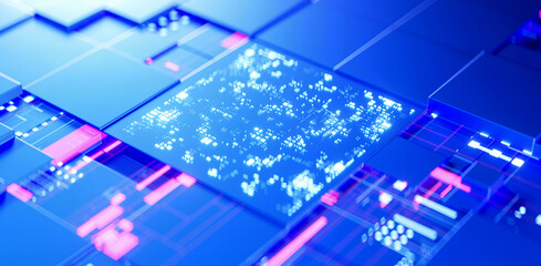 3D rendering of cyberpunk AI. Circuit board. Technology background. Central Computer Processors CPU and GPU concept. Motherboard digital chip. Tech science background.