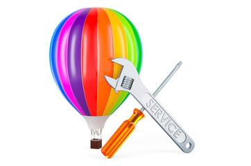 Hot air balloon with screwdriver and wrench, 3D rendering