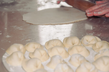 The process of making dumplings, ravioli, pelmeni. A woman rolls out dough for dumplings.