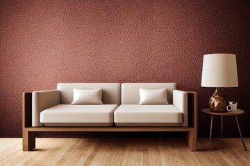 Brown classic wall background with sofa and white bookshelf book accessory style, vase of plant, lamp decoration and carpet.