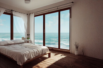 Coastal boho style bedroom interior, wall mockup, 3d render