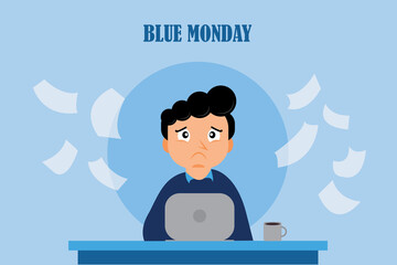 Young male executive during telework time due to exhaustion at blue Monday.