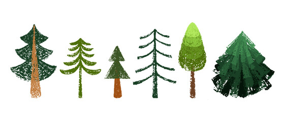 Set of hand drawn trees with rough chalk texture. Spruce, pine, forest collection.