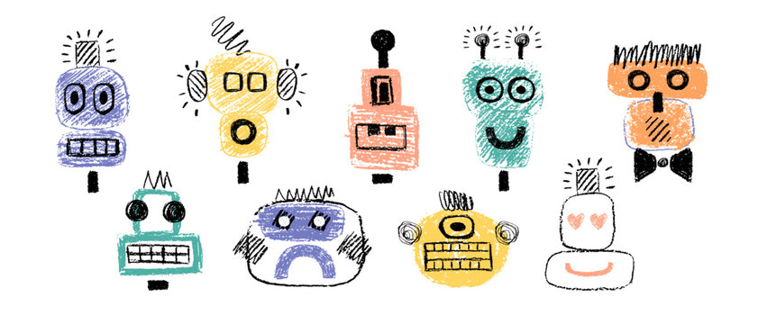 Simple robots drawings. Geometric faces, characters. Childish style cute characters with emotions.