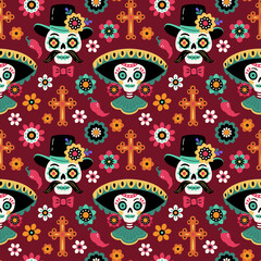 Dia de los Muertos pattern. Vector cartoon seamless pattern with Mexican traditional festive characters: La Catrina and caballero, surrounded by crosses and flowers. Isolated on dark background
