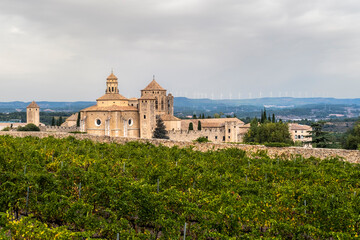 Fototapeta na wymiar Panoramic view of the royal monastery of Santa Maria de Poblet of the Cistercian order surrounded by vineyards in early autumn in Tarragona in Spain