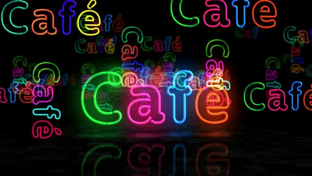 Cafe neon glowing symbol. Light color bulbs. Retro style drink restaurant and coffee abstract concept 3d animation.