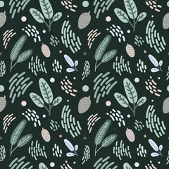 Vector seamless pattern with branch winter Cristmas tree and spruce cone. Decorative illustration winter forest elenent  in flat style scandi minimalism and boho color. For design baby textile, fabric