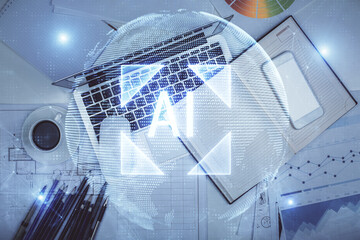 Multi exposure of data drawing hologram over topview of study desk background with computer. Concept of technology.