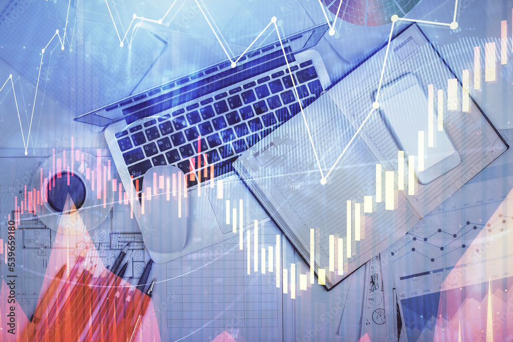 Poster Multi exposure of forex chart drawing over table background with computer. Concept of financial research and analysis. Top view.