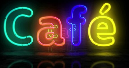 Cafe neon symbol. Light color bulbs. Retro style drink restaurant and coffee abstract seamless and loopable concept. 3d flying through the tunnel animation.