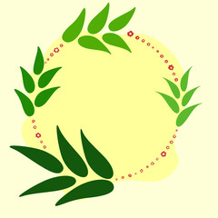 Round frame on a yellow background of green leaves and flowers