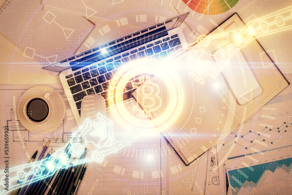 Poster Blockchain theme hologram drawings over computer on the desktop background. Top view. Multi exposure. Concept of cryptoeconomy.
