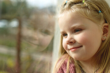 A small child near the window at home. The child is safe, sunlight on the face