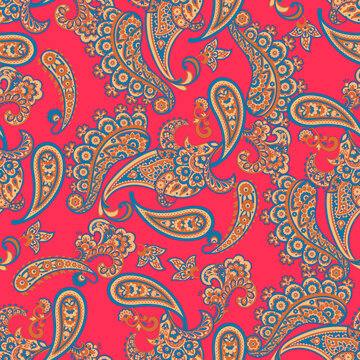 Floral fabric background with paisley ornament. Seamless vector pattern