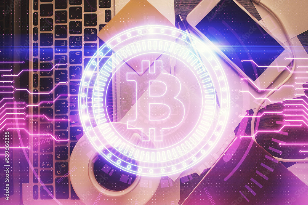 Poster Blockchain theme hologram drawings over computer on the desktop background. Top view. Multi exposure. Concept of cryptoeconomy.