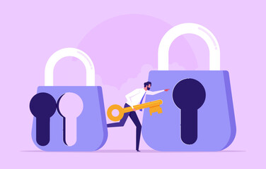 Key success for solution, career development, leadership in problem solving. Unlocking career skills or Mindset, businessman holding huge golden key to unlock door