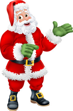 A cartoon of Santa Claus or father Christmas pointing