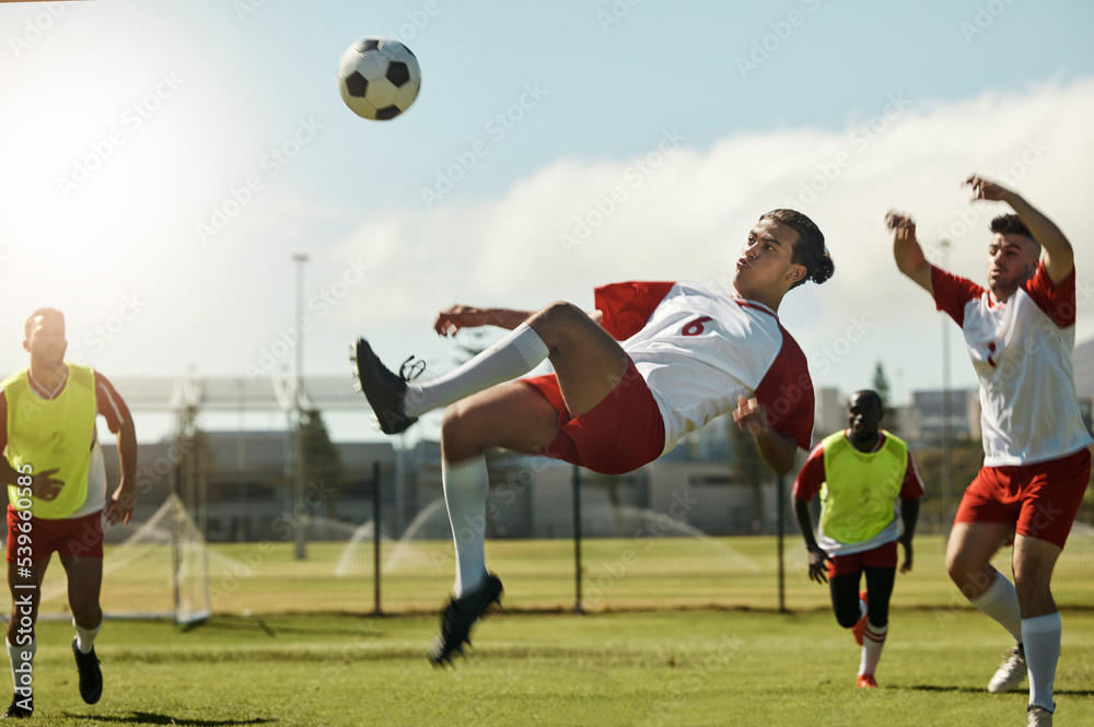 Poster Soccer team, man and ball kick in air during football match, competition or training. Sports, fitness and soccer players on grass field together in practice game, exercise or workout outdoor on pitch