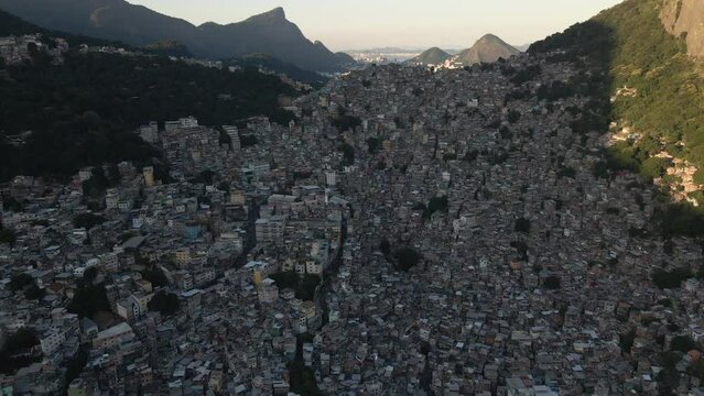 Aerial drone shot of the entire Rocinha favela in Rio de Janeiro, Brazil