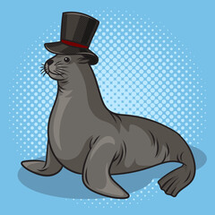 fur seal in top hat pinup pop art retro vector illustration. Comic book style imitation.