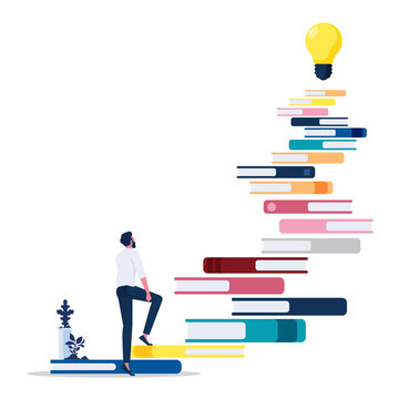 Businessman climb at books stairs with light bulb on top. self development, education, practice. self-management