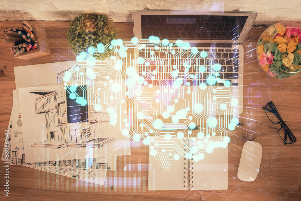 Poster Double exposure of brain drawing hologram over topview work table background with computer. Concept of big data.