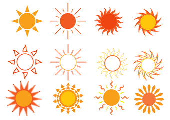 Sun icons. Modern simple seasons signs, summer emblems, sunshine silhouette with different rays style, heat weather symbols. Monochrome yellow solars logos, vector isolated on white set